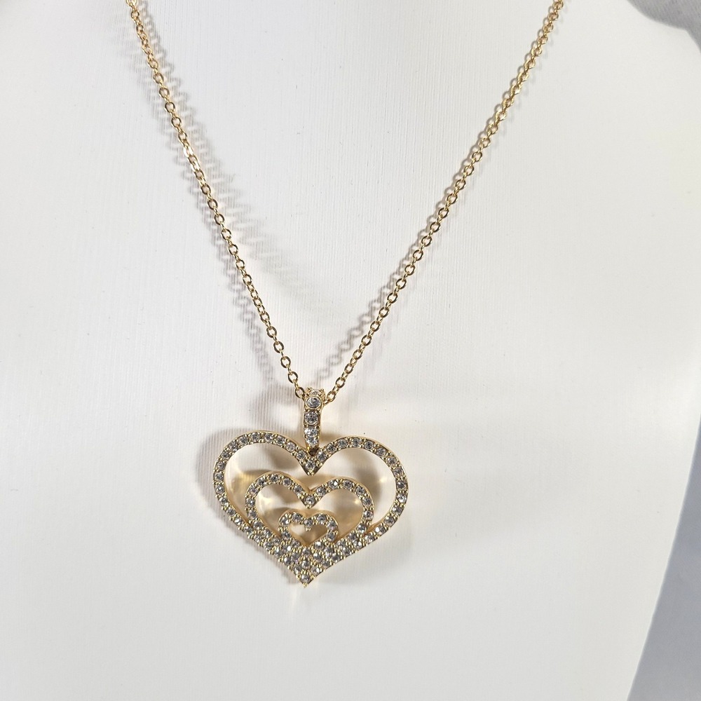 Nolan Miller Triple Heart Necklace Gold Tone Rhinestone Nested Pendant Jewelry